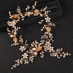 Long Flower Bridal Headbands Golden Silver Faux Pearl Crystal Hair Vines