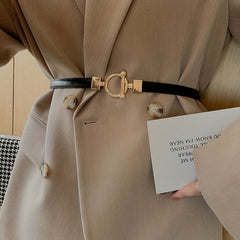 Adjustable Thin Belts Round Metal Buckle PU Belt Solid Dress Coat Belt