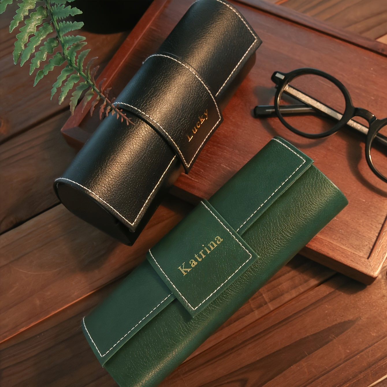 Engraved Vintage Faux Leather Glasses Case