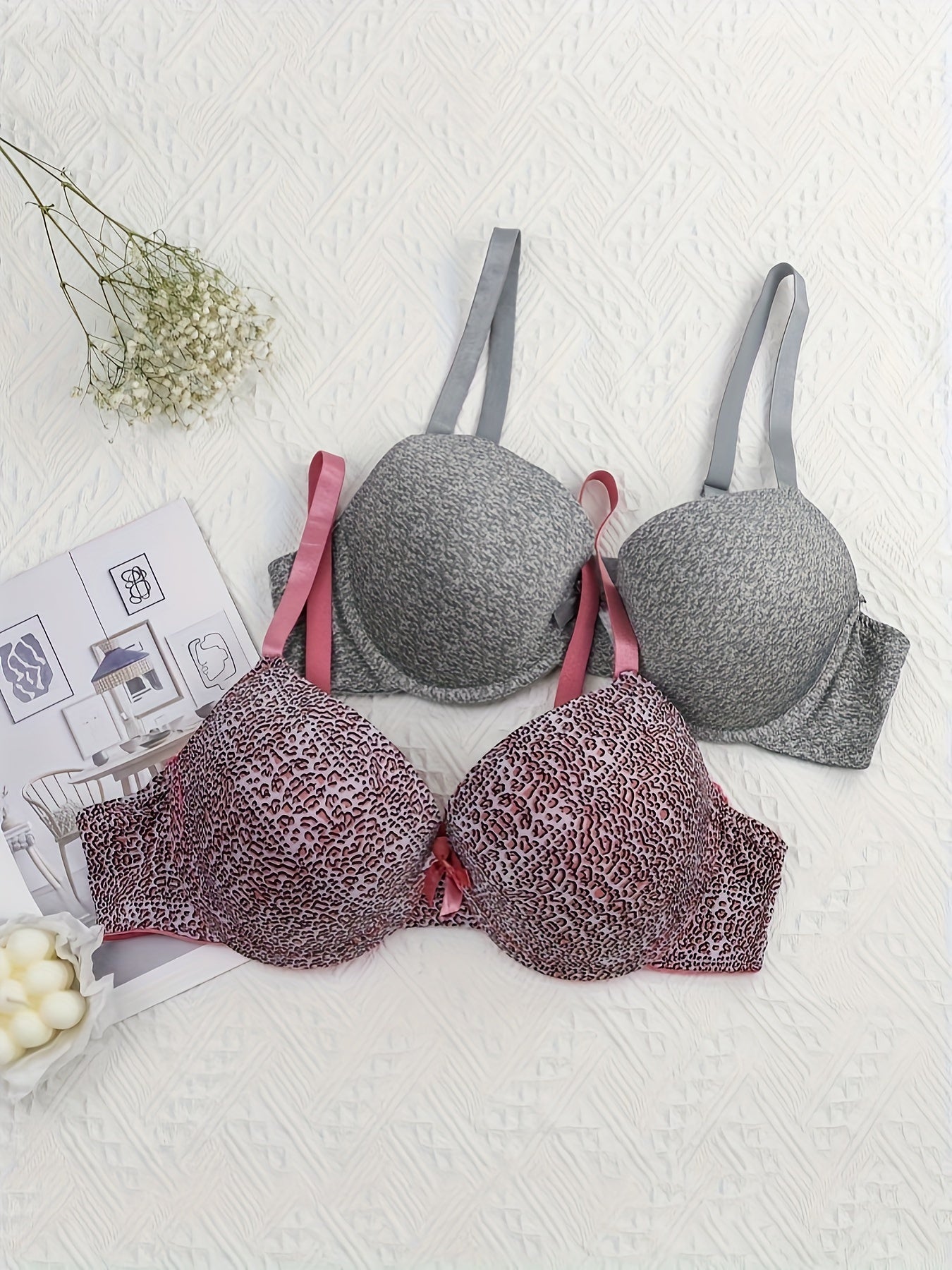 2 Pack Plus Size Leopard Print Bras Set Padded Molded Cup 2pcs Set