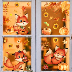 6pcs Golden Maple Leaf Pumpkin Fox Glass Window Decorations
