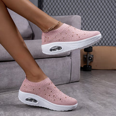 Rhinestone Rainbow Stripe Walking Shoes with Air Cushion