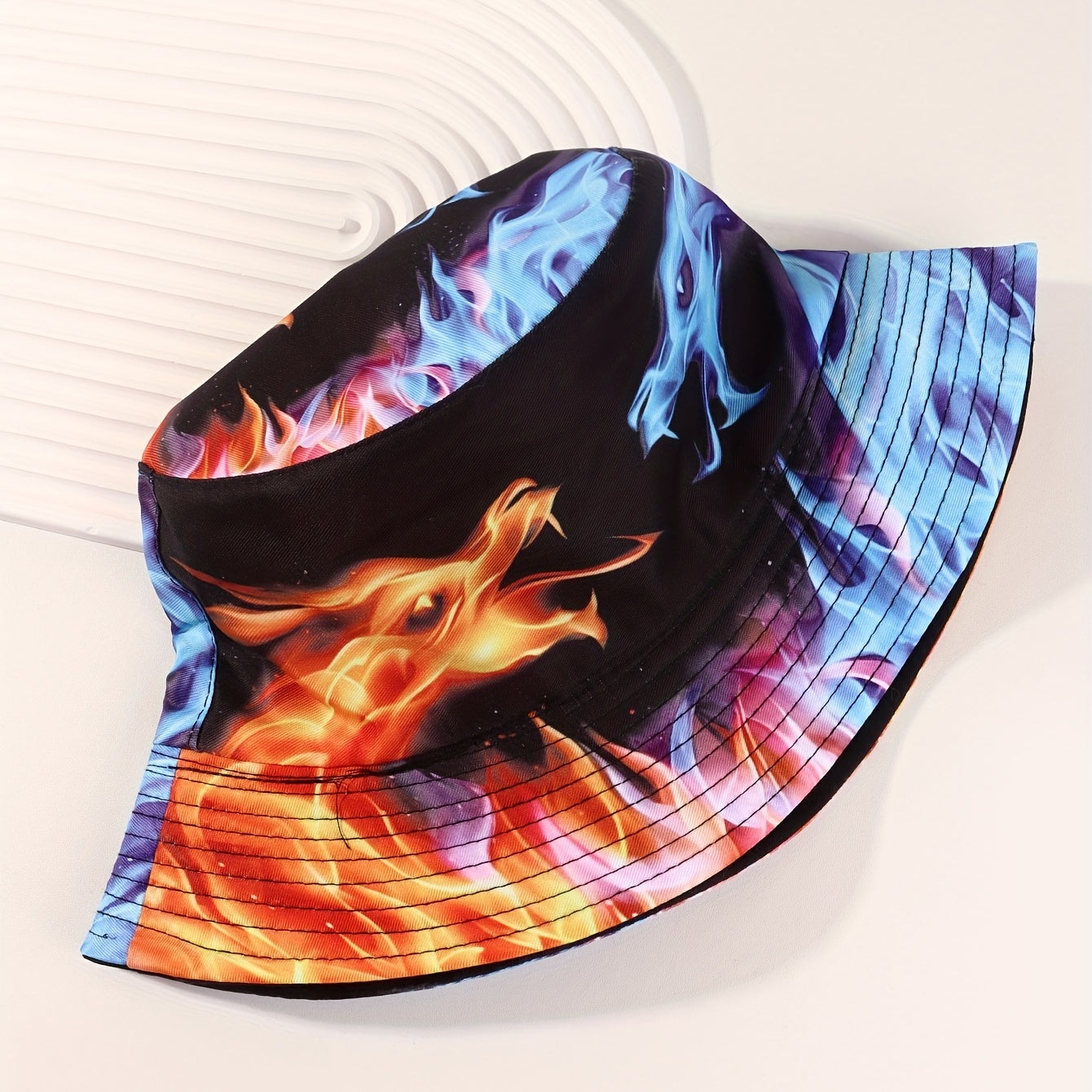 Ice Fire Dragon Bucket Hat Hip Hop Block Printed Unisex Basin Hat Reversible