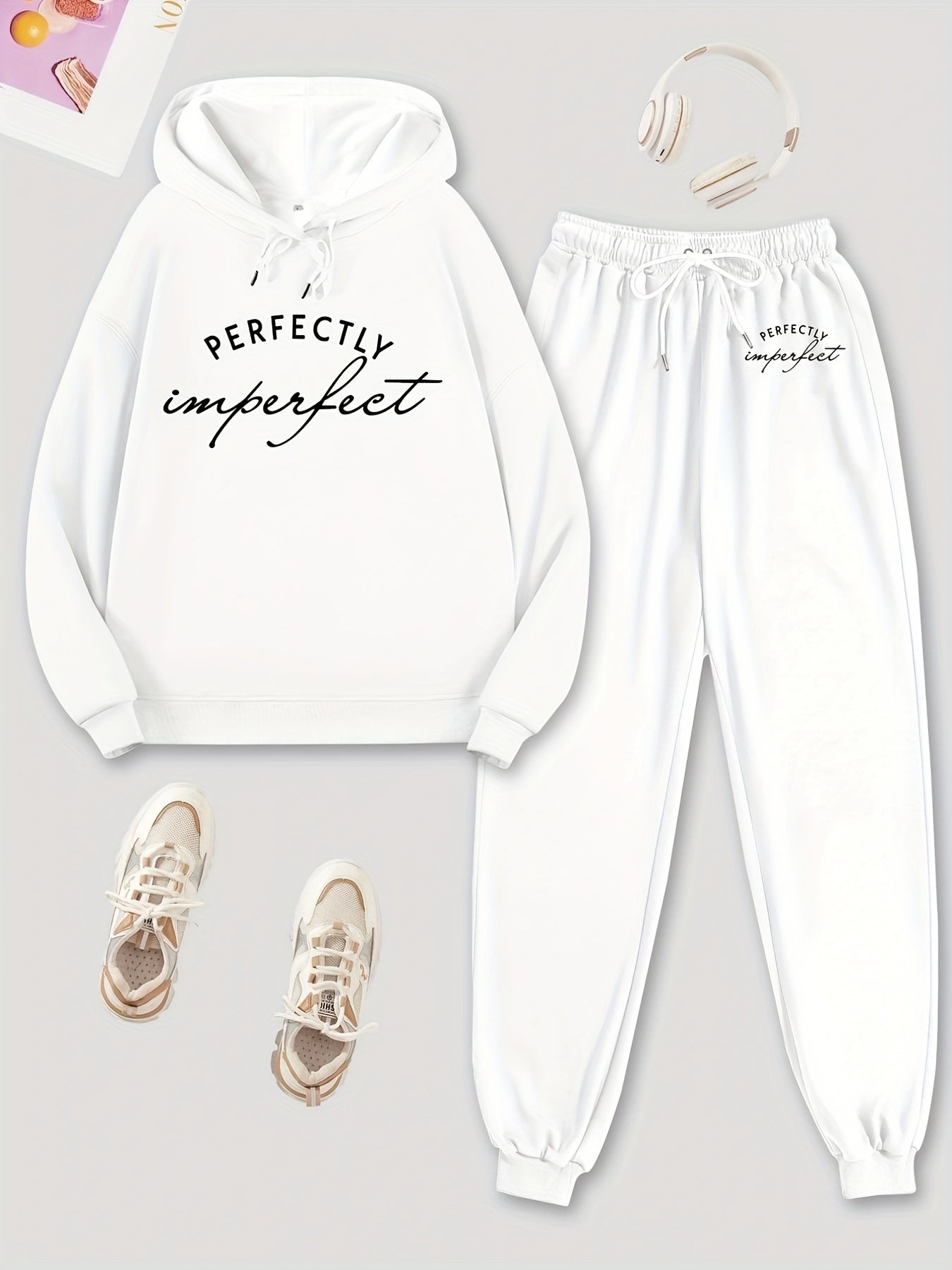 Solid Hoodie & Jogger Pants Set Drawstring Tie Waist