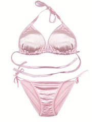 Strappy Lingerie Set Halter Bra & Bikini Panties Women's Sexy