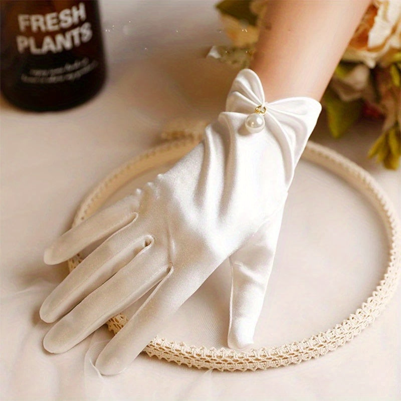 Faux Pearl Decor Wedding Gloves Satin Gauze Bridal Dress Accessories