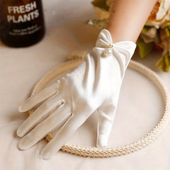 Faux Pearl Decor Wedding Gloves Satin Gauze Bridal Dress Accessories