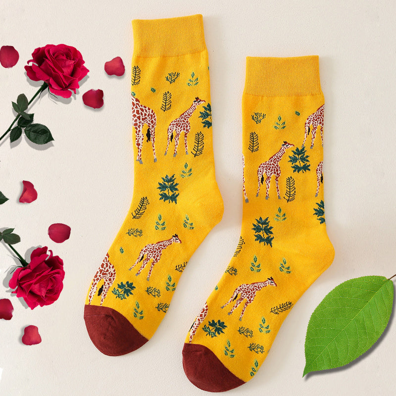 Colorblock Giraffe & Leaf Print Socks for Women