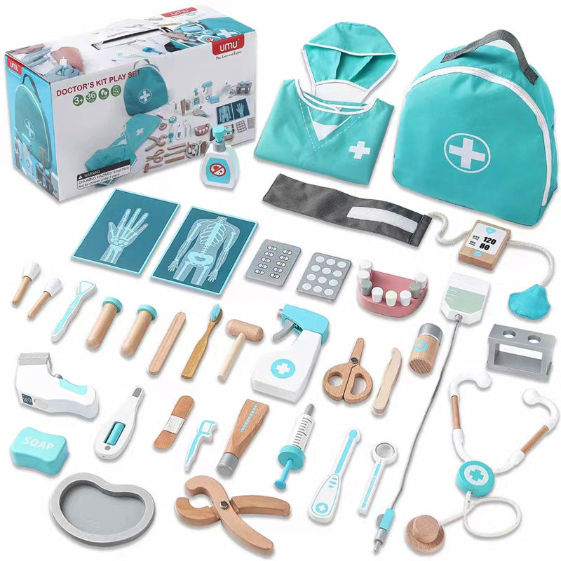 36 PCS Wooden Doctor Playset For Toddlers Pretend Toy Dentist Kit
