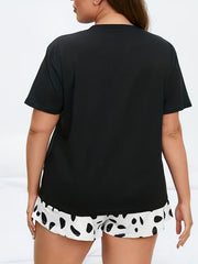 Cat & Letter Graphic Tee + Dalmatian Print Shorts Pajama Set