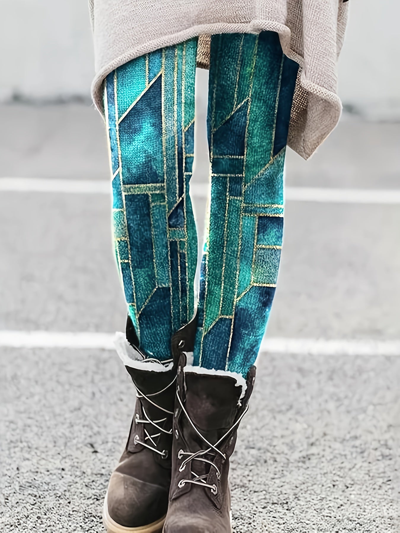 Geo Print Skinny Leggings Casual Elastic Waist Stretchy Leggings
