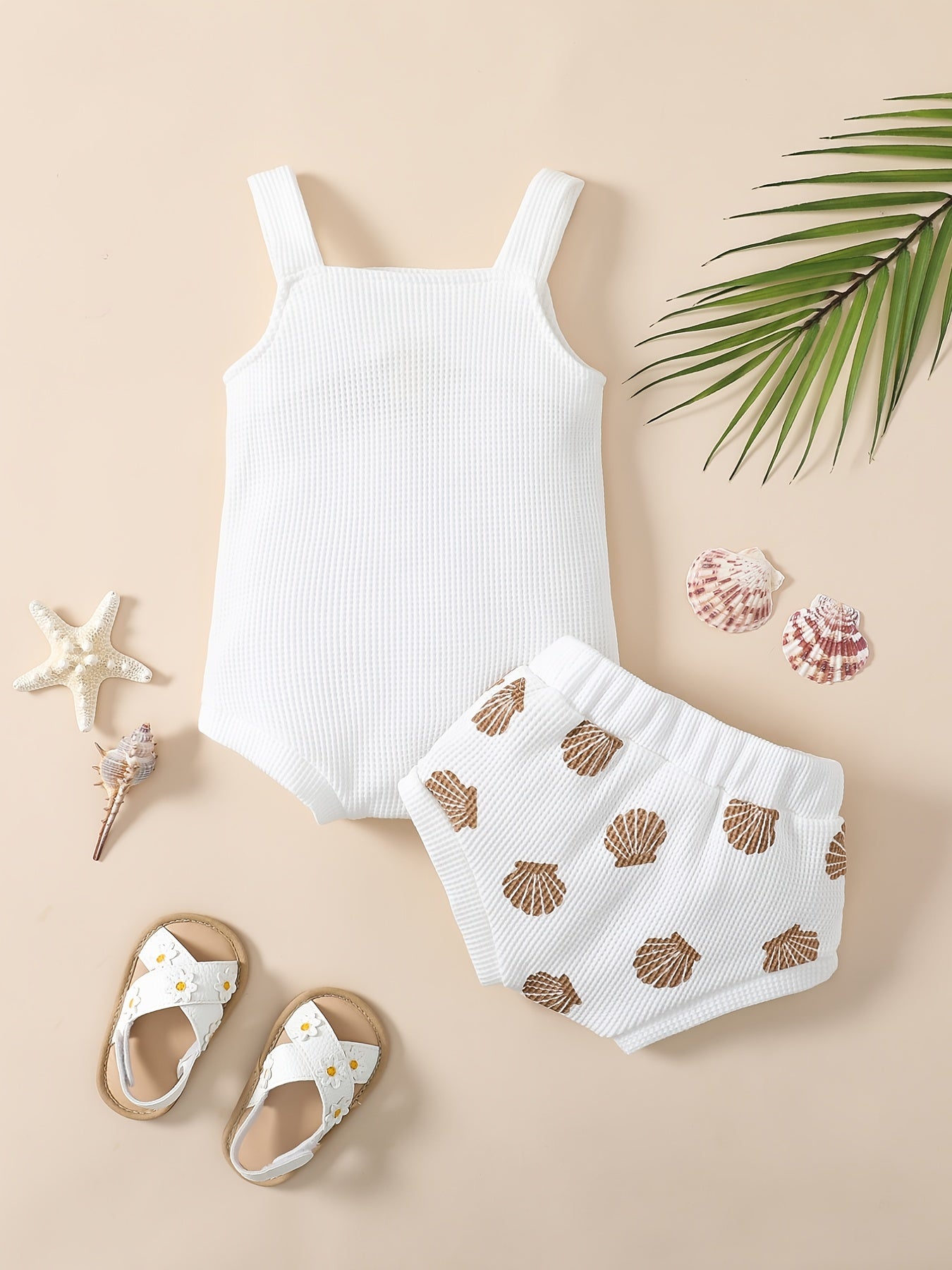 Baby Girls Sleeveless Romper & Shorts Set - Shell Print Bodysuit Onesies