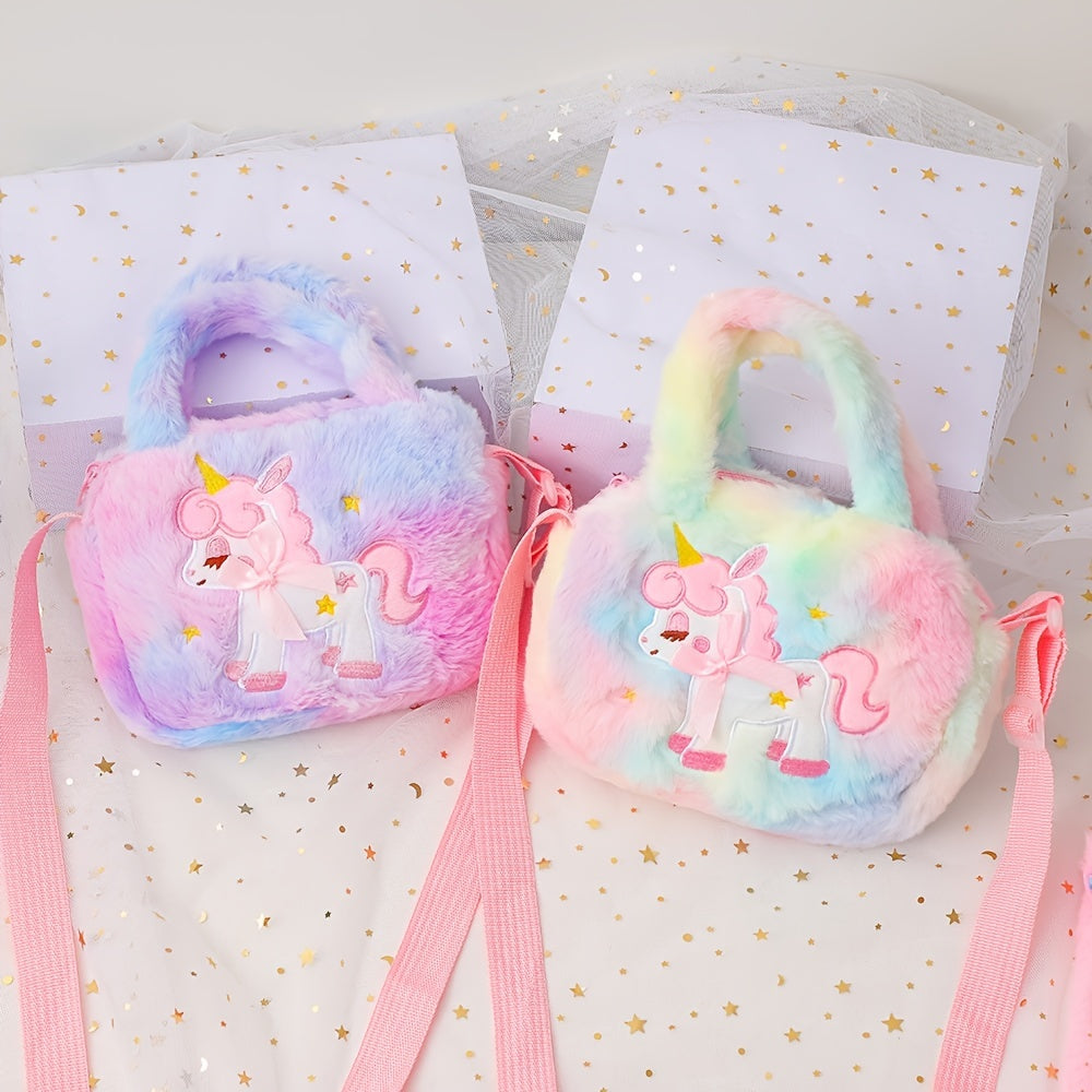 Girls Unicorn Embroidery Plush Handbag Shoulder Bag Messenger Bag