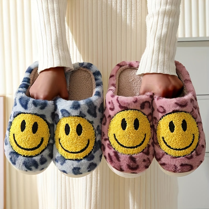 Women's Smile Face Pattern Slippers Leopard Print Plush Lined Shoes
