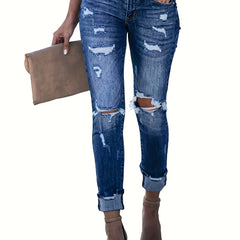 Distressed High Stretch Skinny Jeans Mid Waist Denim Trousers
