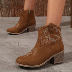 Women's Embroidery Ankle Boots Chunky Heeled Cowboy Slip On Short Boots