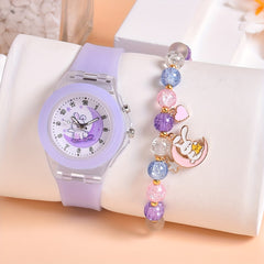 Cartoon Moon Rabbit Silicone Strap Girls Watch Set
