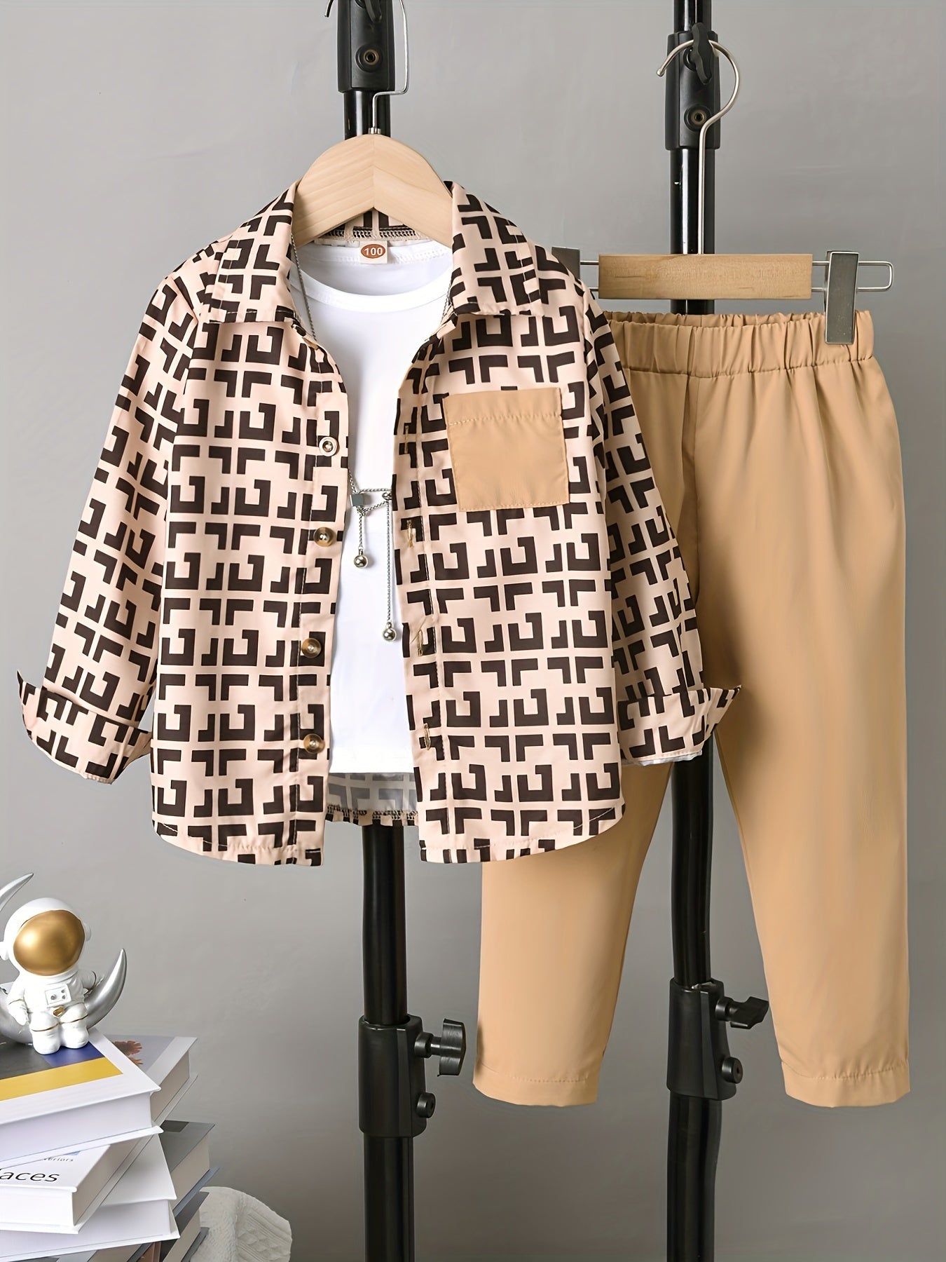 Boy's Geometric Pattern Shirt & Pants Set for Spring Fall