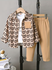 Boy's Geometric Pattern Shirt & Pants Set for Spring Fall
