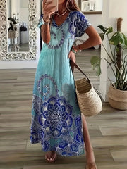 Vintage V Neck Maxi Dress Women's Clothing