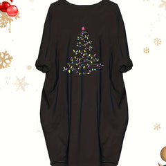 Glitter Christmas Tree Print Long Sleeve Round Neck Baggy Dress