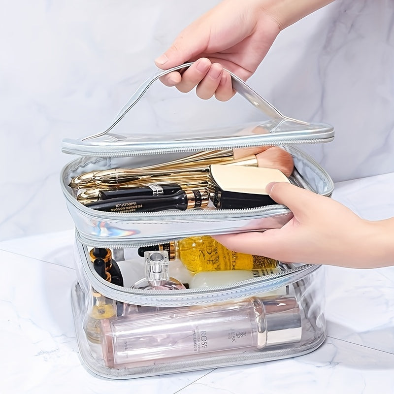 Clear Makeup Bag Double Layer Waterproof Cosmetic Bag With Zipper & Handle