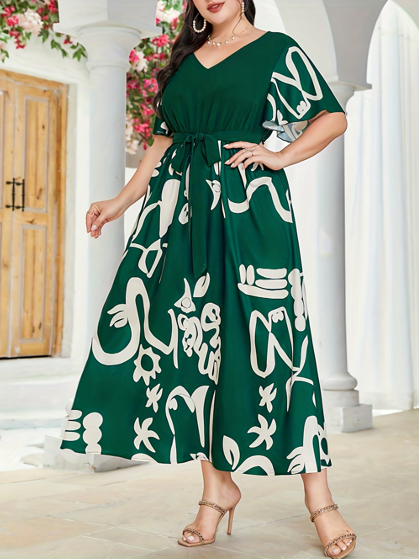 Colorblock Butterfly Sleeve Maxi Dress With Belt