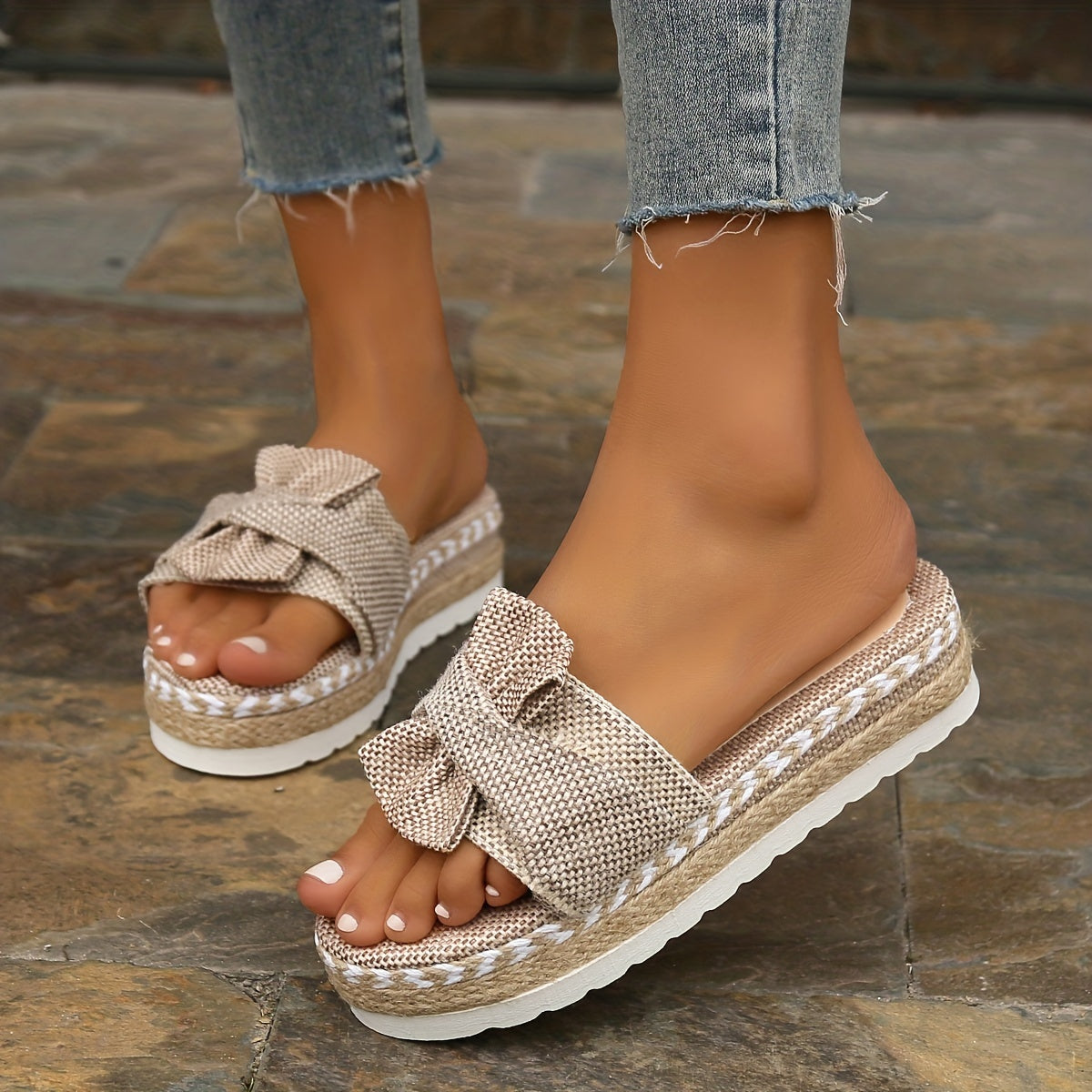 Women's Bowknot Decor Sandals Slip On Open Toe Non slip Thick Bottom Slides