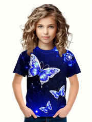 Butterfly Pattern Crew Neck Short Sleeve T-shirt for Summer Sports