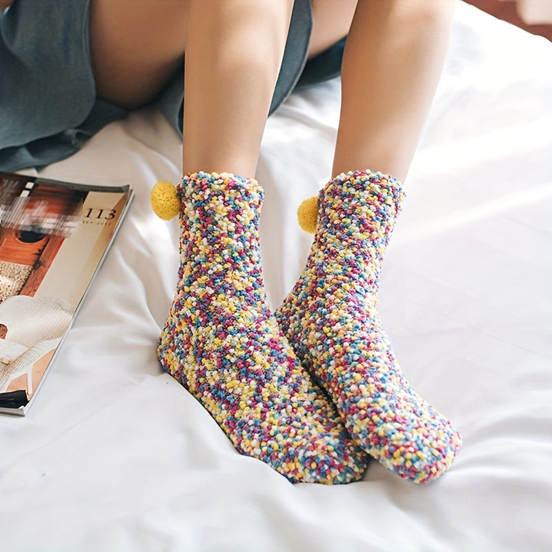 2 Pairs Pompom Fuzzy Socks Comfy & Warm Floor Socks