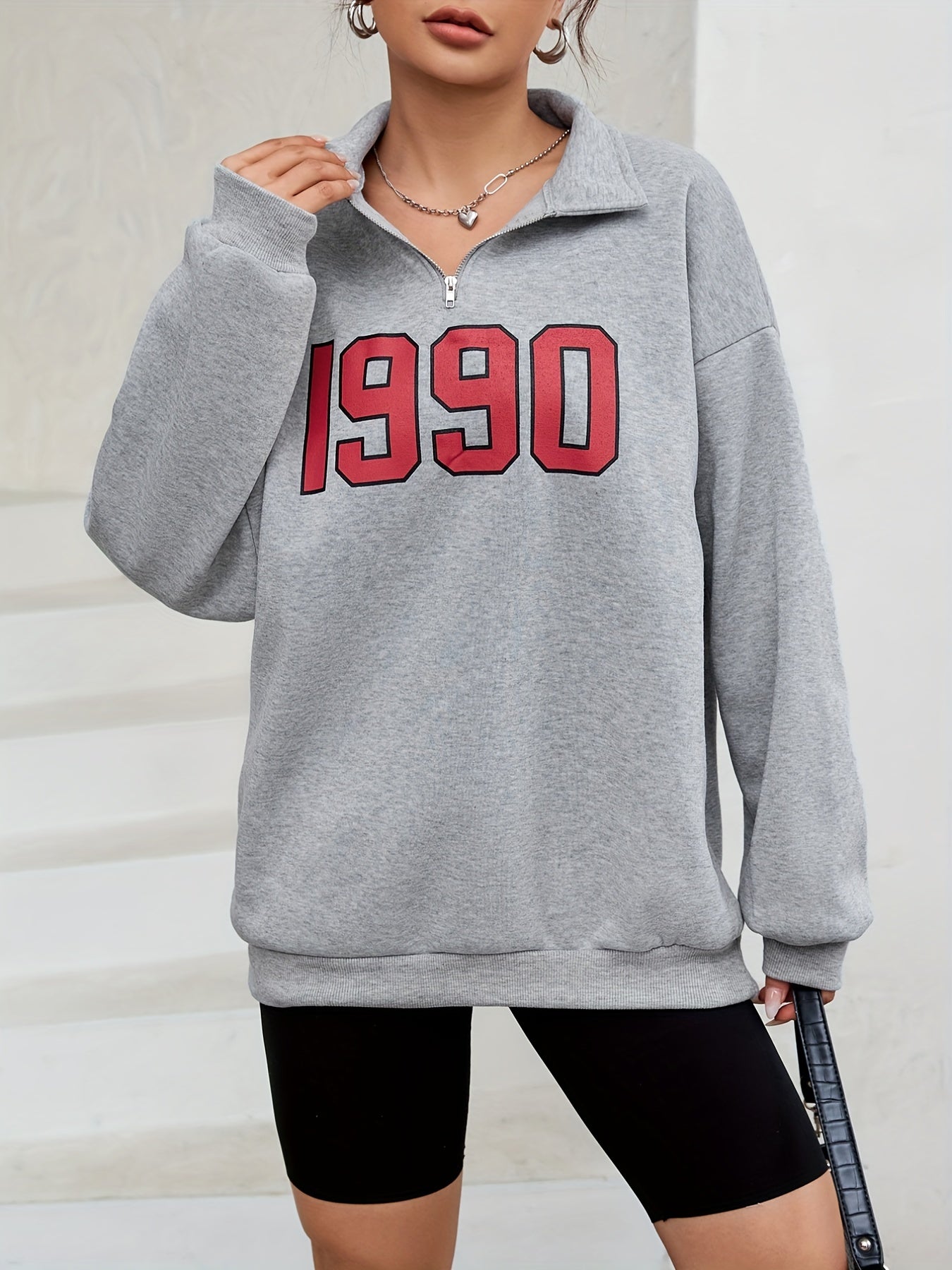1990 Print Pullover Sweatshirt Long Sleeve Polo Collar for Fall & Winter