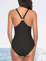V Neck Knot Criss Cross One Piece Swimsuit Solid High Cut Ring Link Bathing Suit