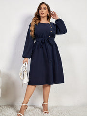 Women's Plus Size Button Decor Lantern Sleeve Round Neck Dress