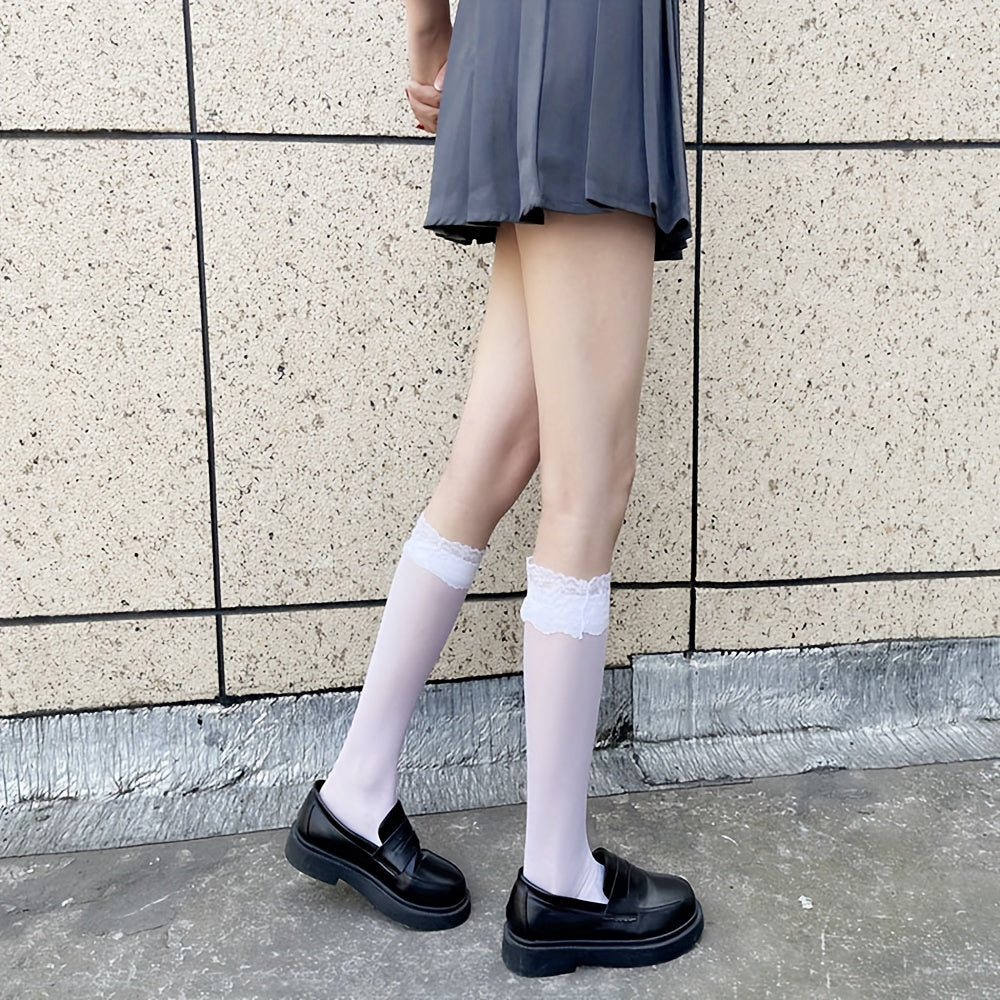 Lace Trim Calf Socks Women's Knee High Stockings