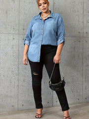 Preppy Denim Top Women's Button Up Roll Sleeve Turn Collar Blouse