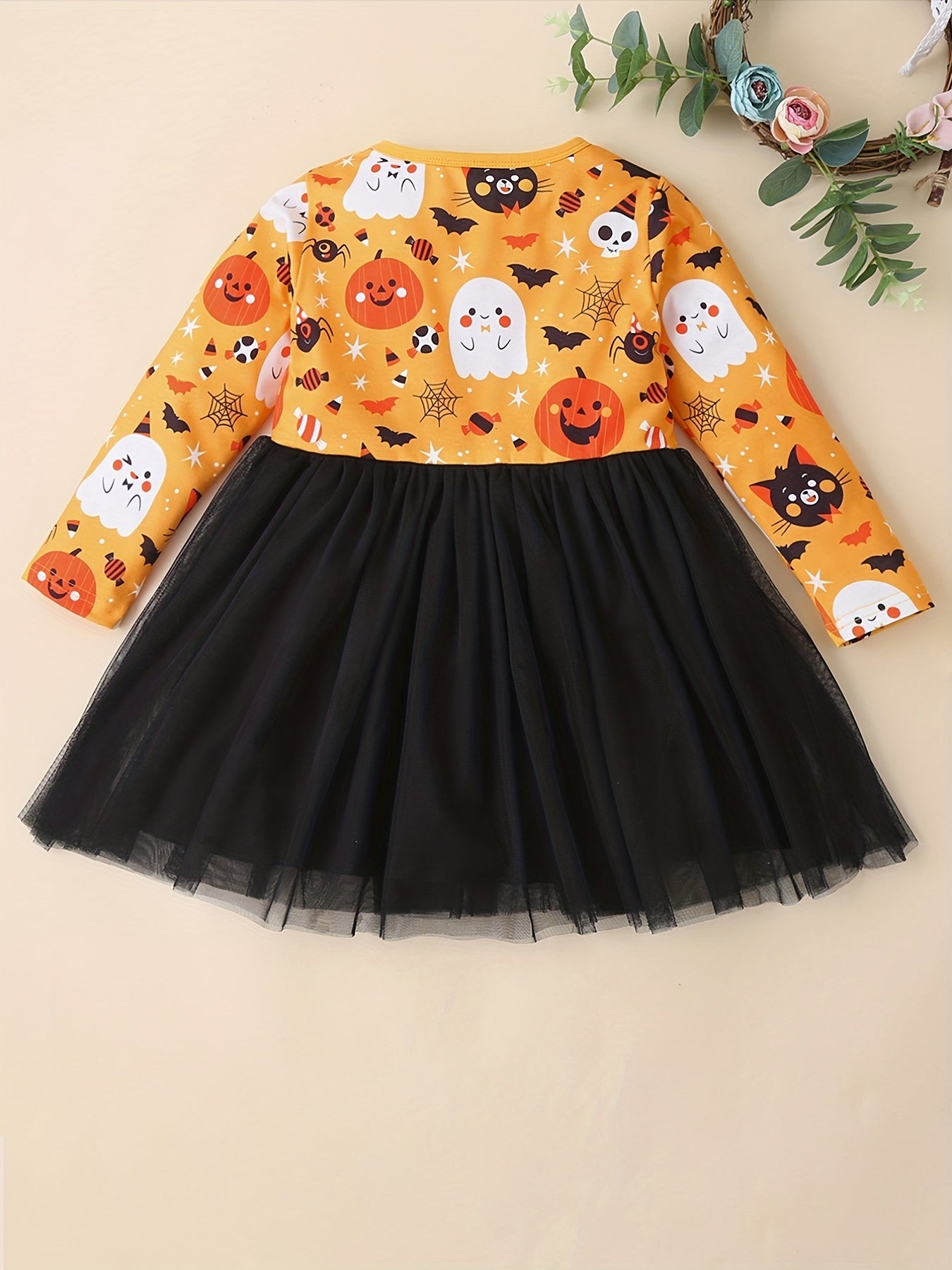 Halloween Print Mesh Party Dress Baby Girls Long Sleeve Casual Dress