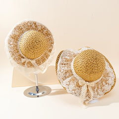 2pcs Family Sun Hat Lace Wide Brim Straw Hat Foldable Travel Beach Hats