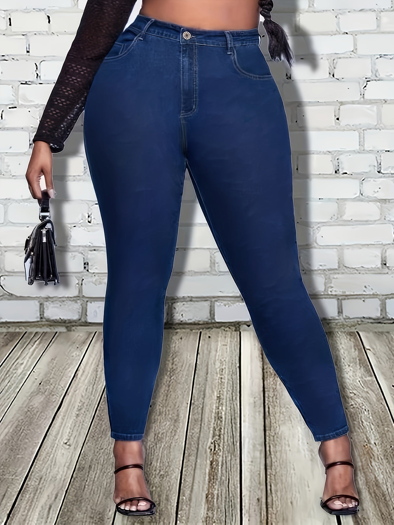 Plus Solid Button Fly High Rise Medium Stretch Skinny Jeans