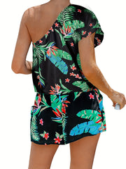 Floral Print Two Piece Set One Shoulder Top & Shorts Outfit