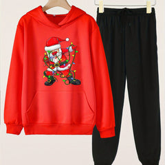 Girls' 2pcs Dancing Santa Print Hoodies Pants Set For Sports