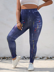 Denim & Painting Print Leggings - Stretchy Skinny Leggings
