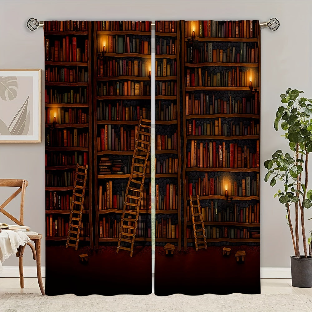 2panel Retro Library Printed Window Curtain Rod Pocket Semi Blackout Curtains