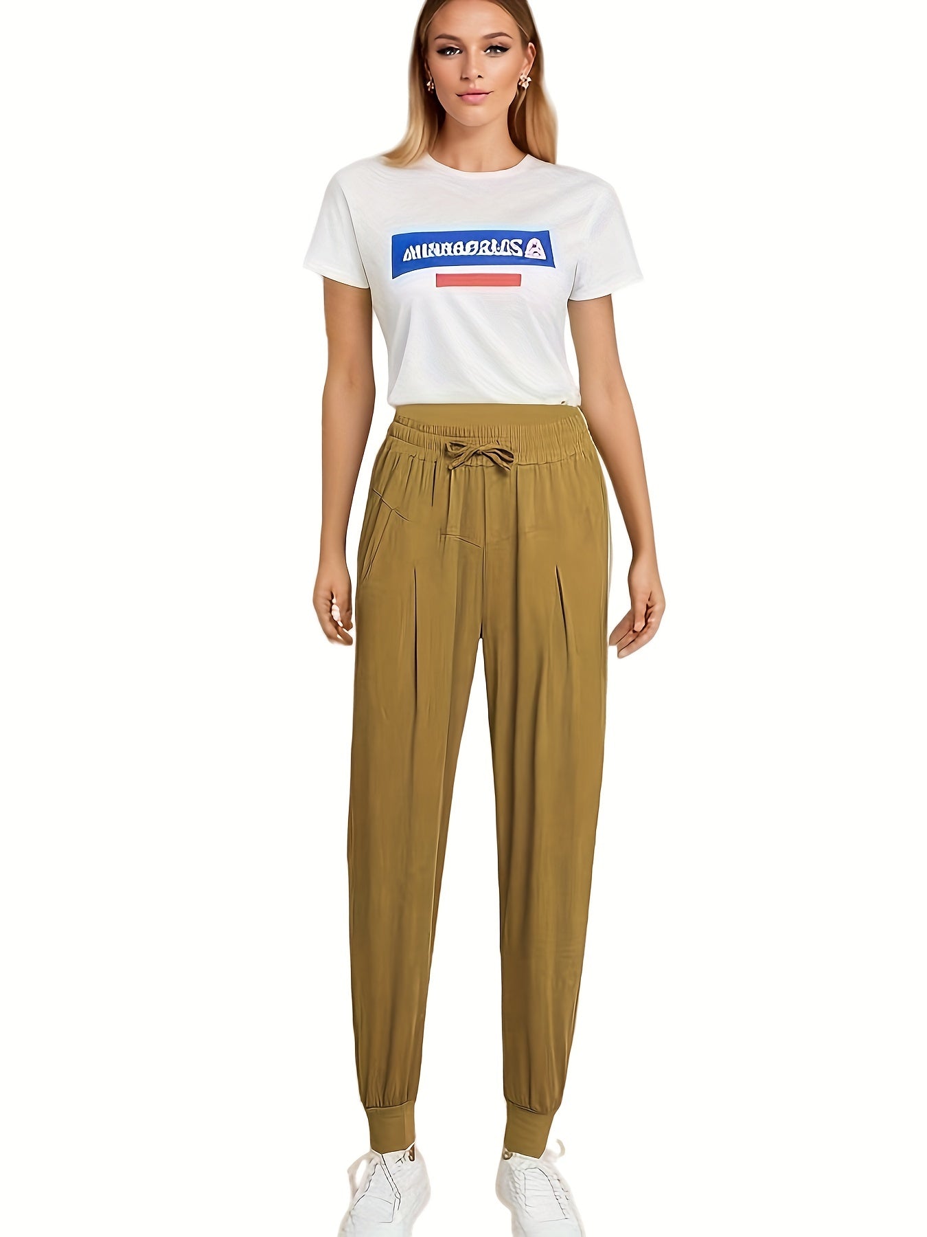 Sporty Drawstring Elastic Waist Pants Loose Fit Quick Dry