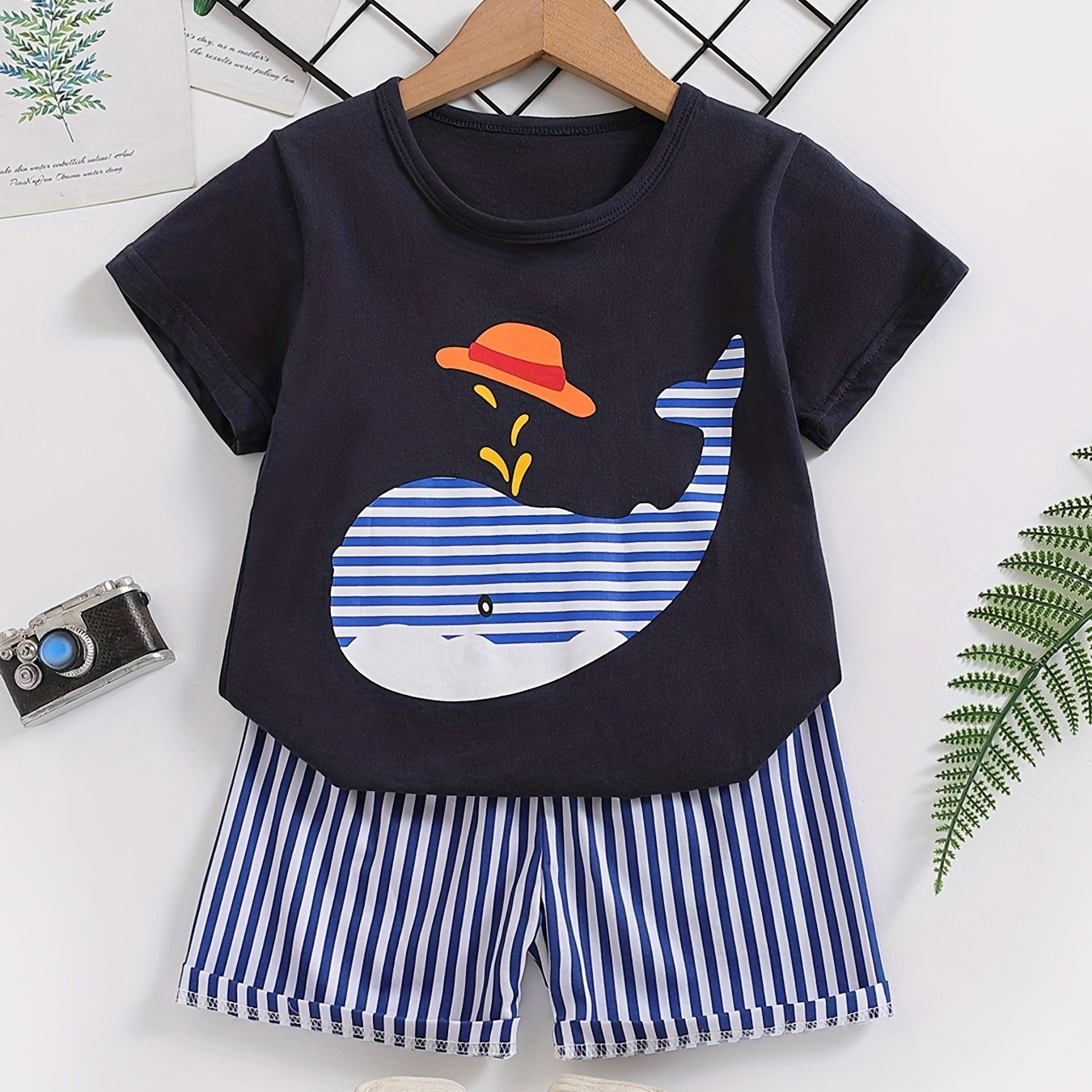 Boys Cartoon Whale Casual Outfit Round Neck T shirt & Striped Shorts