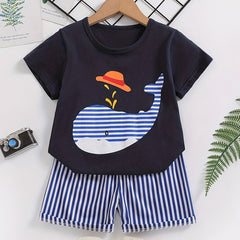 Boys Cartoon Whale Casual Outfit Round Neck T shirt & Striped Shorts
