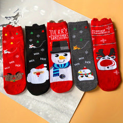 5 Pairs Christmas Print Socks Comfy & Mid Tube Socks Women