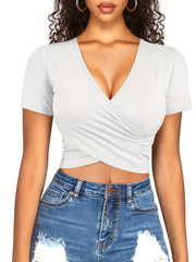 Women's Wrap Crop Tops V Neck Athletic Gym Shirts
