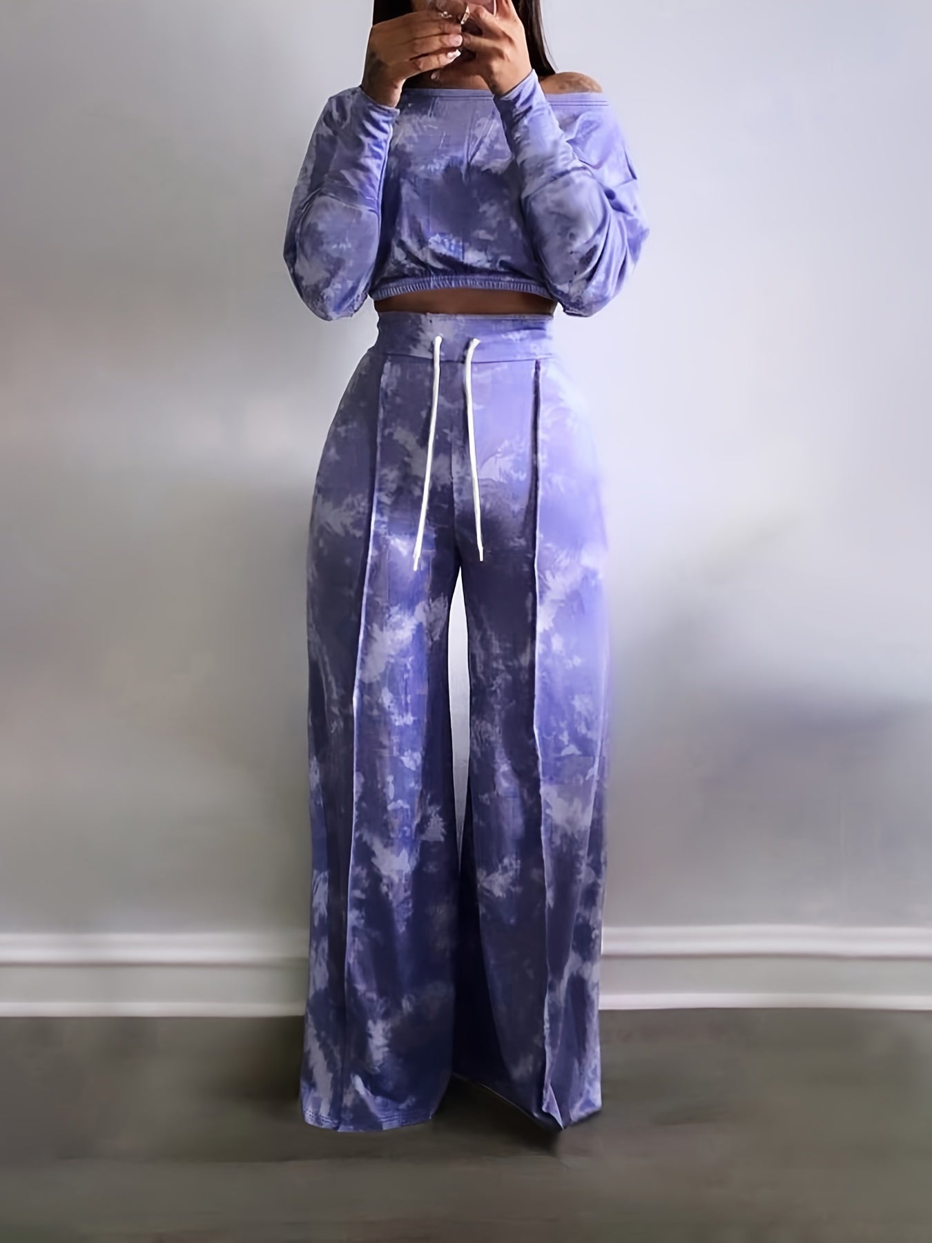 Tie Dye Two piece Set Long Sleeve Crop Top & Wide Leg Pants