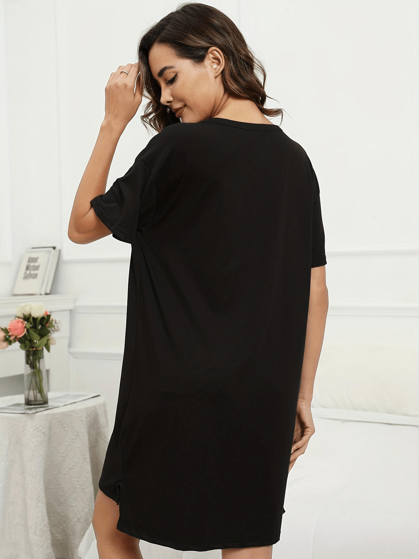 Solid Side Split Lounge Dresses Short Sleeve Crew Neck Dress
