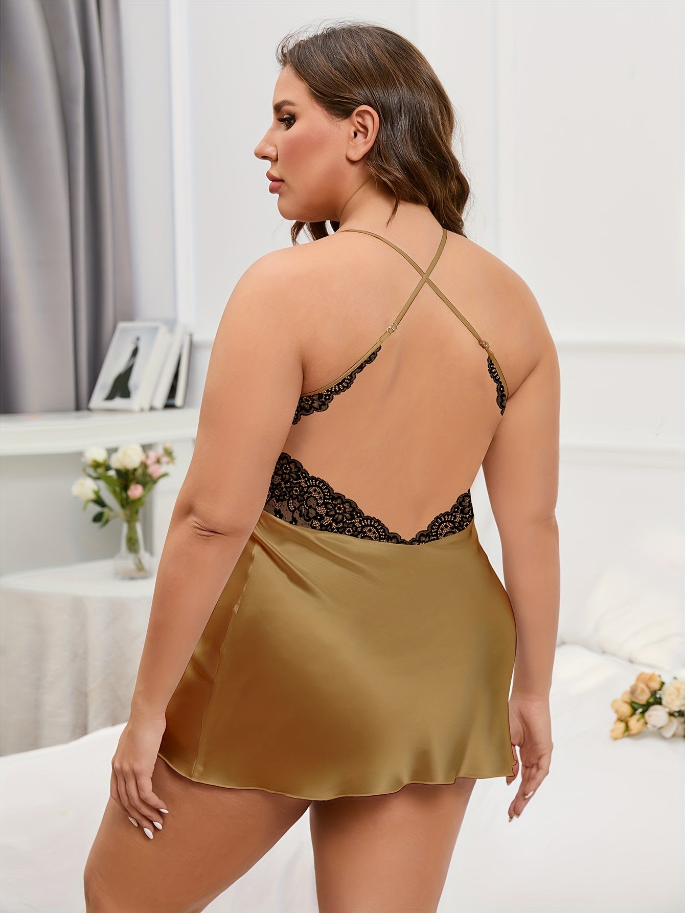Sexy Lace Criss Cross Satin Cami Sleep Dress